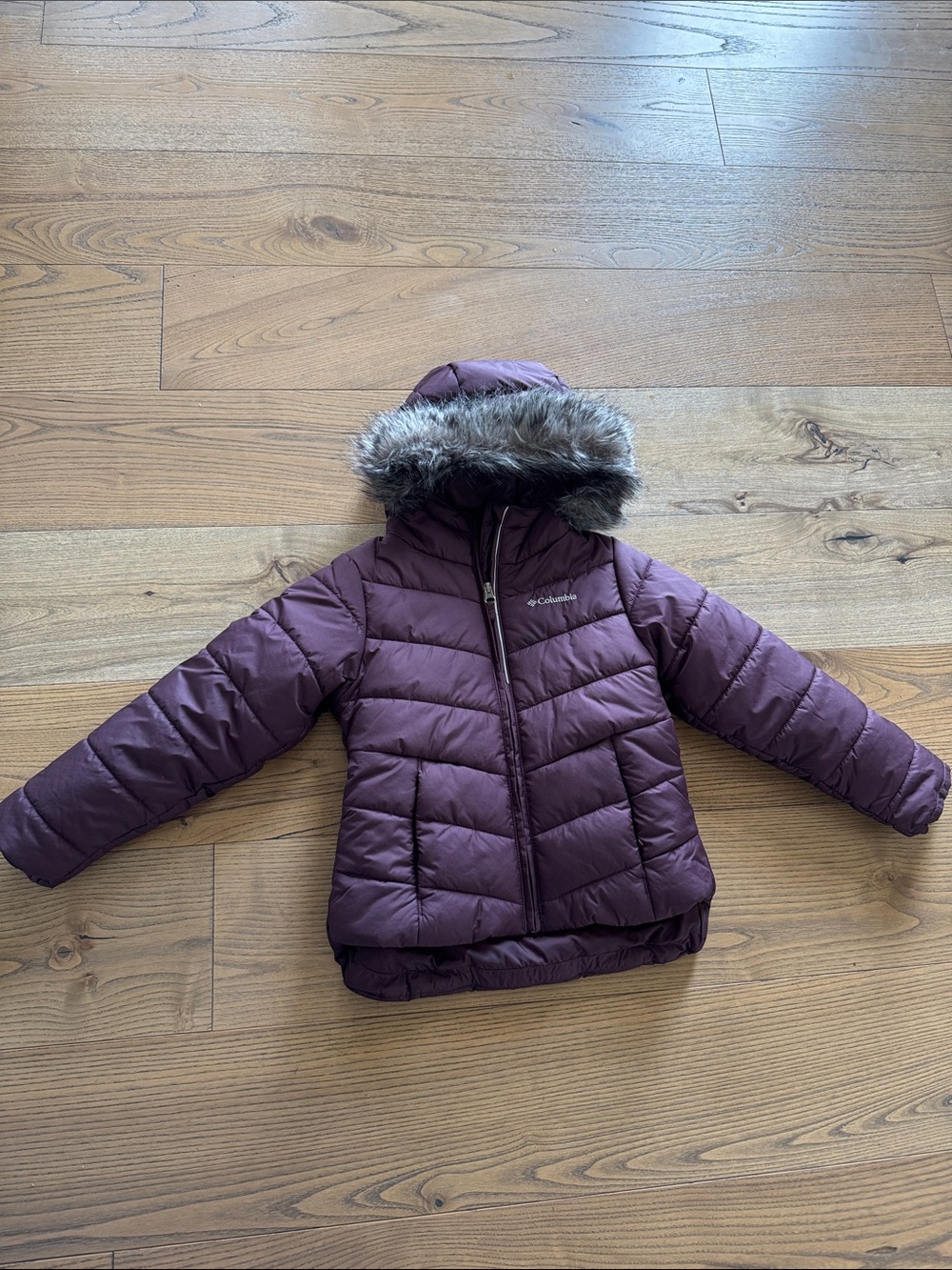 Columbia Girls Maroon Quilted Puffer Jacket with Faux Fur Hood